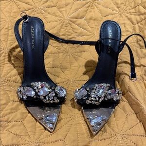 Azalea Wang Black Jeweled Pointed Toe Ankle-Strap Heels